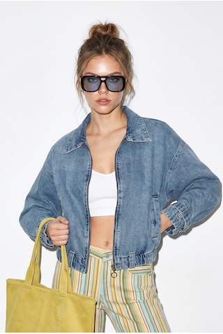 Shade Kadın Fermuarlı Kemer Detaylı Oversize Denim Ceket 3667 60286206 - Buz Mavisi
