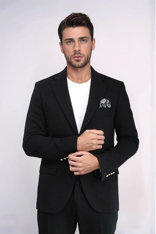 Siyah Kendinden Desenli Örme Altın Renk Metal Düğmeli Slim Fit Erkek Blazer Ceket - Wessi Black