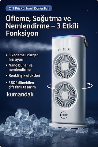 Şarjlı Spreyli Buzlu Fan Vantilatör Çift Fanlı Buharlı Hava Soğutucu 120ml Kumandalı Salınım
