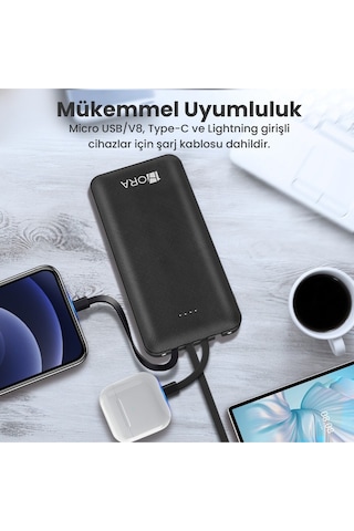 Gar148 10000 Mah Taşınabilir Şarj Cihazı - Dahili 4 Kablo - Hızlı Şarj Usb-a Powerbank Siyah