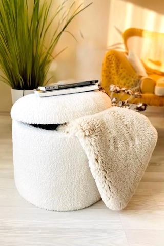 Teddy Xl Puf - El Yapımı Pofuduk Beyaz Sandıklı Silindir Puf - Çok Amaçlı Dekoratif Bench Ekru