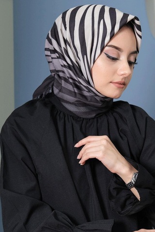 Afvente Zebra Desen Siyah Pamuk Eşarp