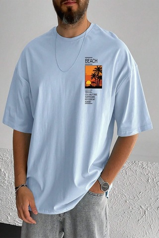 Erkek Beach Baskılı Oversize Tshirt Bebemavi Bebek Mavisi