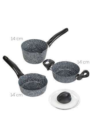 Porsima 4399 4 Parça Kaçerola Sosluk Sütlük Mini Granit Tencere Sahan Seti Gri 14cm Gri
