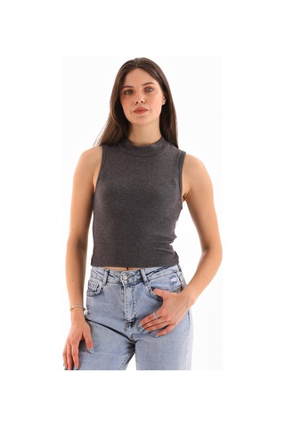 Kadın Likralı Kolsuz Crop Bluz Antrasit