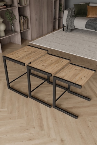 Bronte 3 Lü Zigon Sehpa, Metal Zigon Sehpa Atlantik Çam