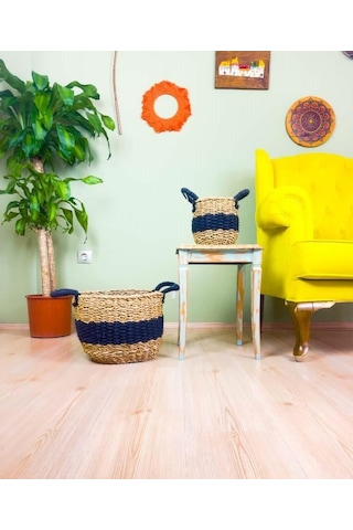 Bitki Tasarımı Düzenleyici Kulplu Siyah Şeritli Doğal Örgü Sepet İkili Set Büyük-küçük