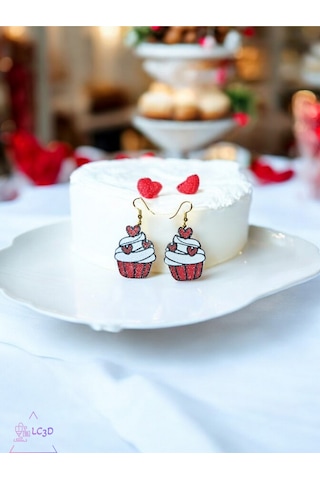 Kalpli Cupcake Küpe Çifti - Sevgililer Günü Temalı Işıltılı Kırmızı Ve Beyaz Tasarım Aksesuar Beyaz