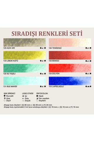 Şemse El Yapımı Yarım Tava Taş Suluboya Seti Sıradışı Renkler 8'li