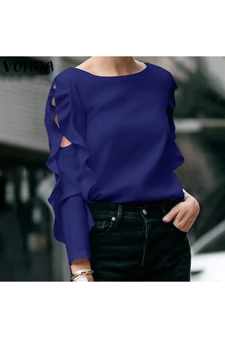 Vonda Kadın Yaz Modası Yuvarlak Yaka Puf Uzun Kollu Bluz Gül