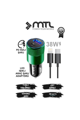 Araç Şarj Aleti Çakmaklık 38w Lightning Type-c + Usb Çift Portlu - Qualcomm Qc 4.0 Desteği Mt-a1834