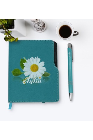 Kişiye Özel Papatya Temalı Turkuaz Termo Deri Defter Kalem Seti-4