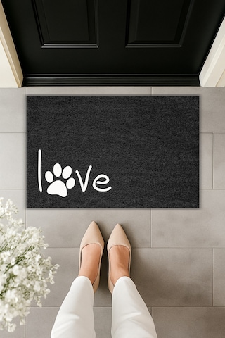 Rugmood Modern Dijital Baskı Paspas - Patili Love - Kapı Önü Paspası 70x45cm Siyah