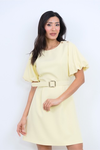Dorne Moda Özel Koleksiyon Balon Kol Kemer Detaylı Mini Elbise - Düğün - Mezuniyet - Ofis Şıklığı Sarı Sarı