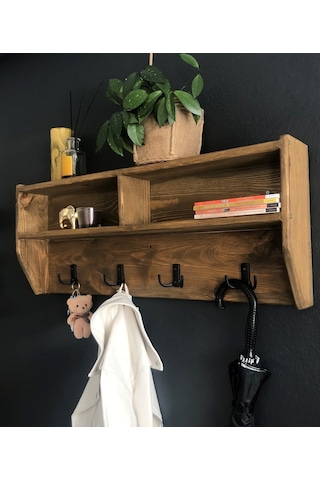 O&Awood Doğal Ahşap Vestiyer, Dekoratif 4 Askılı Portmanto, Raflı 2 Bölme (503246957)