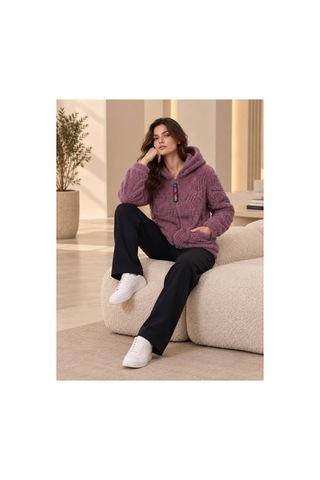 Öners Kadın Kapşonlu Peluş Fermuarlı Sweat Oversize Yumuşak Polar Hoodie Kışlık Sıcak Tutucu Gümüş Gümüş