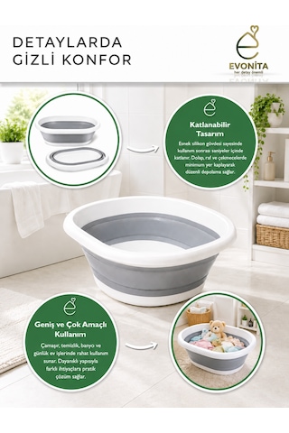 3 Lü Katlanabilir Çamaşır Leğeni Seti Çok Amaçlı Silikon Katlanır Leğen Yer Tasarruflu Banyo Temizlik Seti Gri