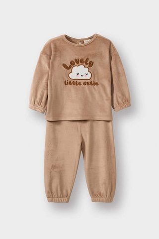 Defacto Kız Bebek Pijama Takımı Bulut Baskılı Uzun Kollu Welsoft Pelüş Üst Uzun Alt G1527a525wnbg400 Bej-bg400