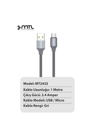 3.4a Usb To Micro Metal Başlıklı Silikon Hızlı Şarj Ve Data Aktarım Kablosu Gri 1 Metre Mt2433