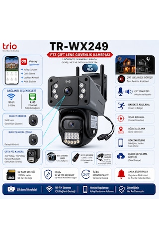 Trio Tr-wx249 Ptz Çift Lens Wifi 12v Ip66 Güvenlik Kamerası 3 Görüntü Veesky Uygulama