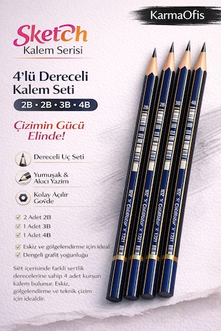 Sketch Serisi 4 Lü Dereceli Çizim Kalem Seti 2b-2b-3b-4b Eskiz Ve Gölgelendirme İçin Profesyonel