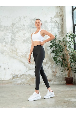 Barbell Siyah Belinde Spor Bar Resimli Toparlayıcı Spor Tayt Siyah