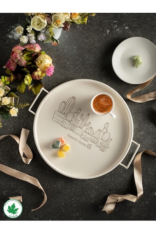 Lin Metal 24cm Yuvarlak Tel Kulplu Tepsi Kaktüs Baskılı - Krem