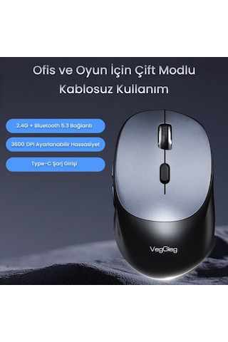 Veggieg VG-G880 Dual-mode Bluetooth 5.3 Ve 2.4ghz 3600dpı Optik Kablosuz Mouse Gri