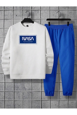 Nasa Unkown Eşofman Takımı Sweatshirt Jogger - Beyaz Sax Mavi Baskılı Şardonlu Bisiklet Yaka Beyaz Sax Mavi