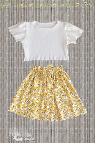Çocuk Etekli Crop Takım, Çiçekli Sarı Etek - Ekru Crop Ekru -sarı Ekru - Sarı