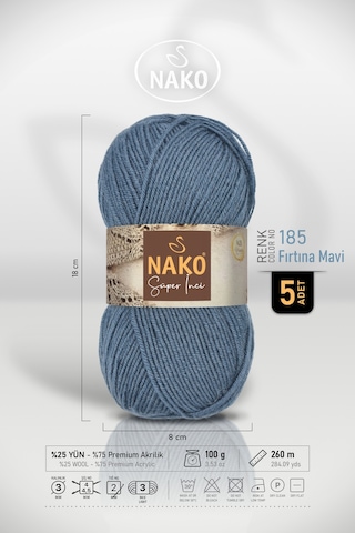 Süper İnci - 185 Fırtına Mavi - 5'li Paket - 100gr/260m - El Örgü İpi - Atkı Yelek Kazak İpi