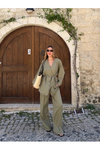 Laluvia Haki Tek Düğmeli Kuşaklı Kimono Takım - 007