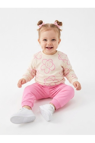 HelloBaby Pamuklu Çiçek Detaylı 2li Kız Bebek Takım Pembe