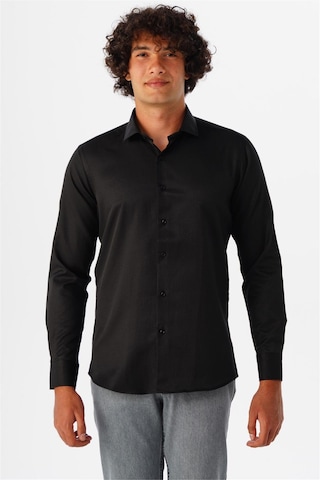 Süvari Siyah Slim Fit Armürlü Klasik Yaka Gömlek