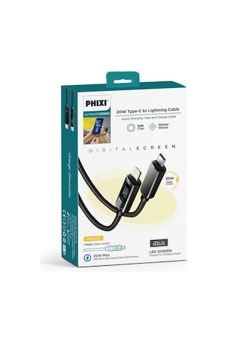 Phixi Ultimate Upd4160l 20w Lcd Ekranlı Hasır Örgü Ve Güçlendirilmiş Metal Başlıklı Type-c To Lightning Hızlı Şarj Ve Data Kablo