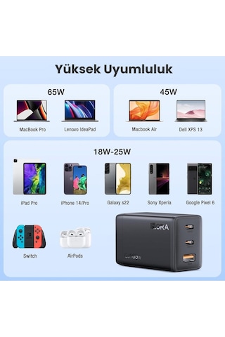 Gar322 Pd65w Şarj Cihazı - 2m Type-c To Type-c Data Kablosu - Hızlı Şarj - Siyah