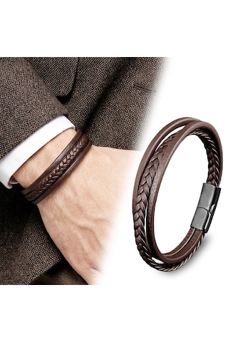 Moncuk Design Kahverengi Deri Erkek Bileklik Titanyum Çelik Manyetik Kilitli 33513b14d4