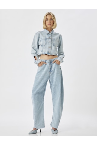 Koton Balon Kot Pantolon Kesik Paça Yüksek Bel Crop Boy Düğmeli Pamuklu - Balon Fit Jean Açık İndigo 5wal40117md Açık İndigo