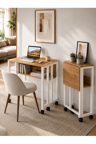 Sidney Kitaplık Raflı Katlanır Masa 70 Cm Tekerli Bilgisayar Masası Laptop Masası Beyaz - Çam