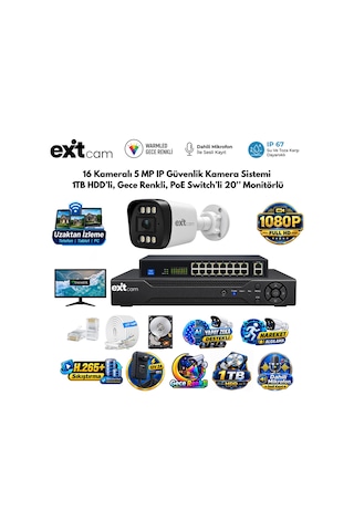 Exitcam 16 Kameralı 5 Mp Ip Poe Güvenlik Kamera Sistemi 20 İnç Monitör, 1 Tb Hdd, 300 Metre Kablo,