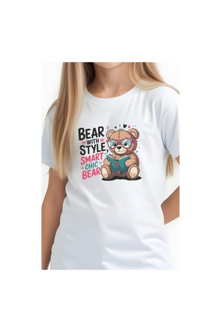 Fyk Kids Kız Çocuk Basic Bear Stayle Baskılı T-shirt Beyaz