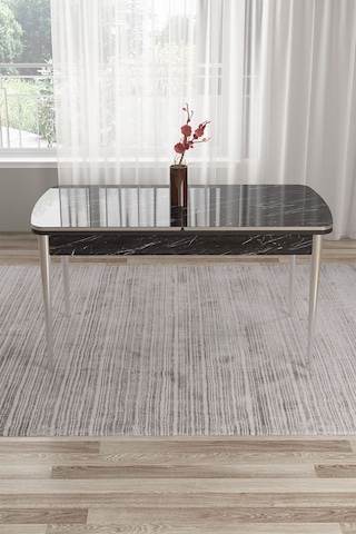 Canisa Tia Serisi 80x132 Açılabilir Mdf Mutfak Masası Siyah Mermer Desen Masa Krom Detay Masa Siyah Mermer Desen Ayaklar Gümüş