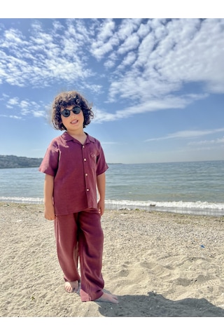 Cebi Nakışlı Gömlek Pantolon Keten Erkek Çocuk Takım Mürdüm Mürdüm