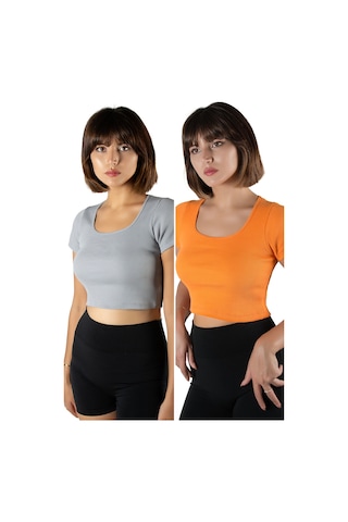 Terapi Men 2'li Paket Açık Gri Turuncu Havuz Yaka Fitted/vücuda Oturan Kısa Kol Crop Tişört Açık Gri Turuncu