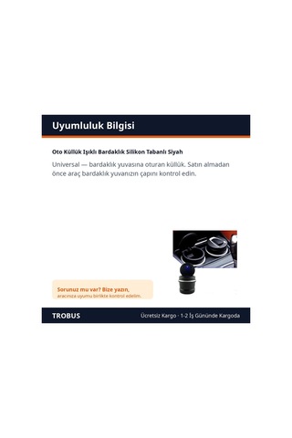 Trobus Oto Küllük Işıklı Bardaklık Silikon Tabanlı Siyah