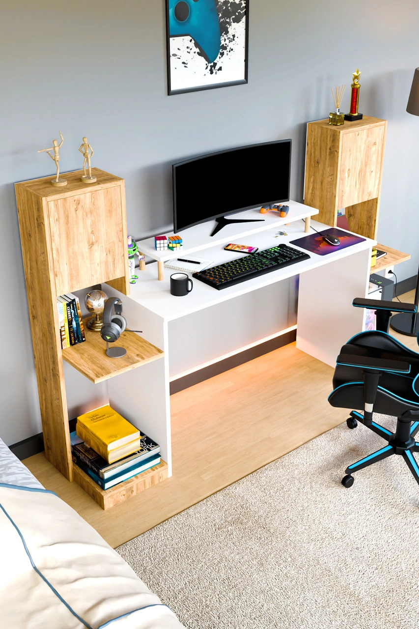 Throne Dolaplı, Kitaplıklı, Raflı Çalışma Masası, Bilgisayar Masası, Çocuk Çalışma Masası Atlantik Çam Atlantik Çam