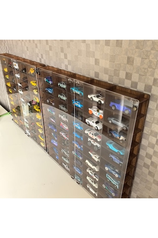 Pleksi Kapak 1/64 Hotwheels, Matchbox Uyumlu Oyuncak Hobi 100lü Araba Rafı Ceviz