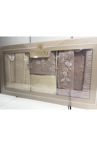 Levinda 3d Nakışlı Bornoz Takımı Bej-mürdüm