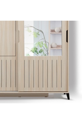 Pasifichome Huga Sürgülü Gardırop Meşe 150Cm / 2 Kapaklı Çekmeceli Dolap