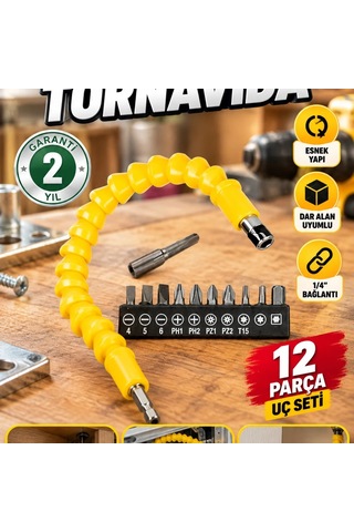 12 Parça Esnek Akrobat Vidalama Uç Seti 1/4" Bağlantılı Dar Alan Uyumlu